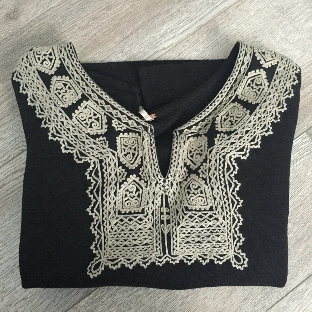 Free People Santa Maria Top Sweatshirt Embroidered Cotton 3/4 Sleeve Pullover XS